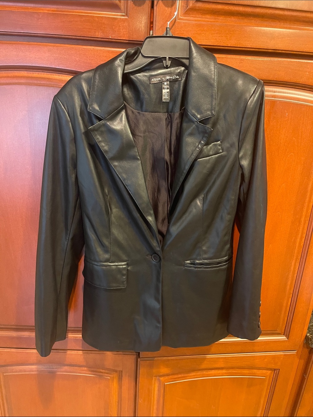 Aqua Black Faux Leather Single-Button Blazer